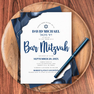 Invitación Bar Mitzvah Simple Moderno Azul Marino Ágata Scrip