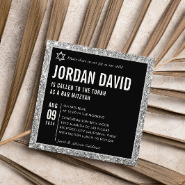 Invitación BAR MITZVAH simple purpurina moderno de plata negr