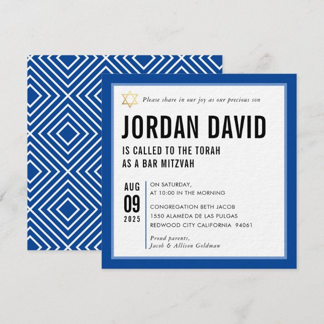 Invitación BAR MITZVAH simple tipografía moderna azul real (Anverso / Reverso)