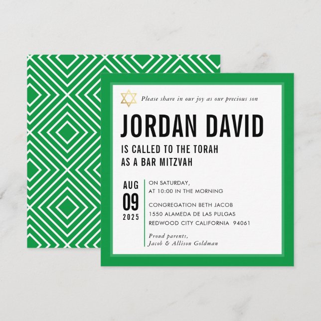 Invitación BAR MITZVAH simple tipografía moderna kelly verde (Anverso / Reverso)