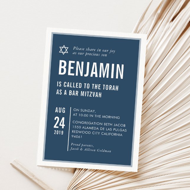Invitación BAR MITZVAH simple tipografía moderna marina blanc (Subido por el creador)