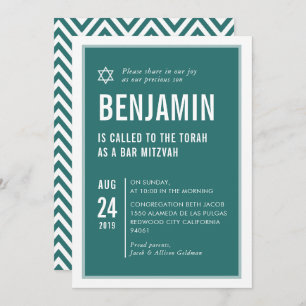 Invitación BAR MITZVAH simple tipografía moderna verde blanco