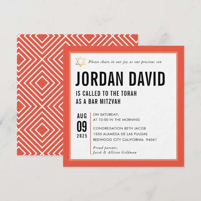 Invitación BAR MITZVAH simple y moderno naranja de tipografía (Anverso / Reverso)