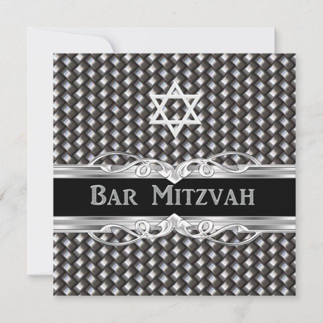 Invitación Bar Mitzvah Star Black Silver Hombre Metalizado (Anverso)