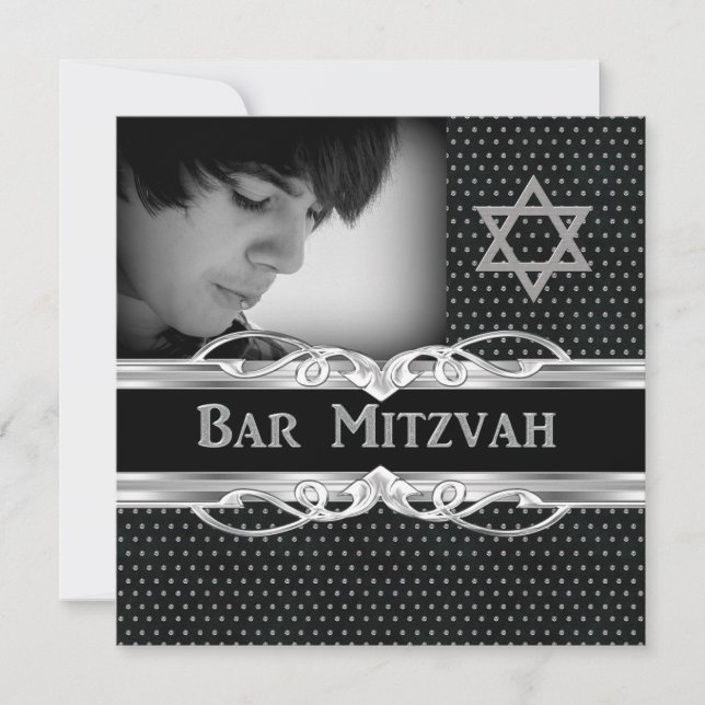Invitación Bar Mitzvah Star Black Silver Studs Metalizado (Anverso)