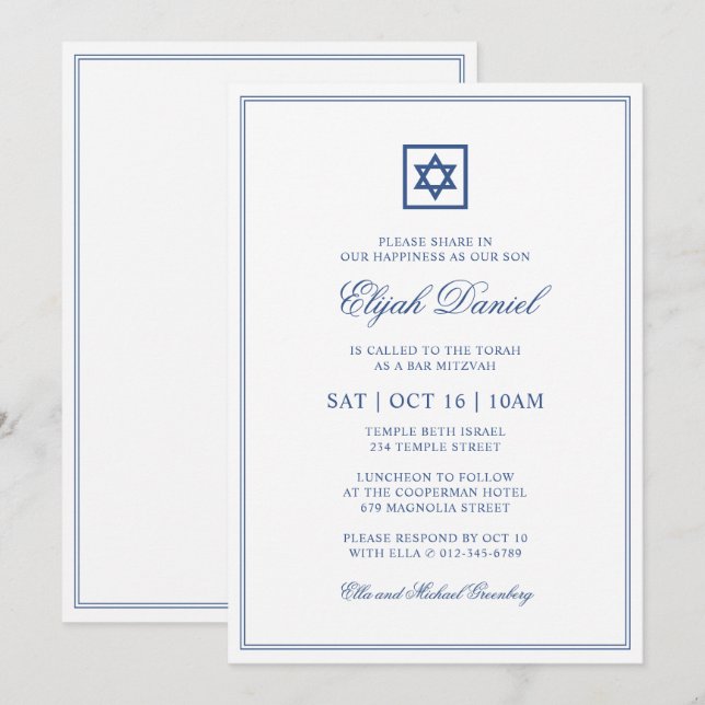 Invitación Bar Mitzvah Star of David Elegant Classic Blue (Anverso / Reverso)