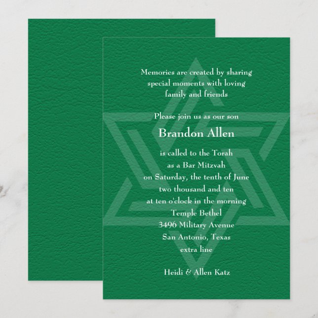 Invitación Bar Mitzvah Star of David Green (Anverso / Reverso)