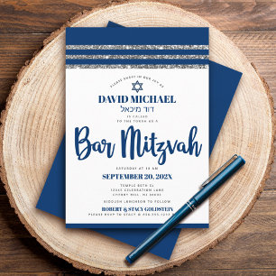 Invitación Bar Mitzvah Taled Moderno Simple Azul Marino con L