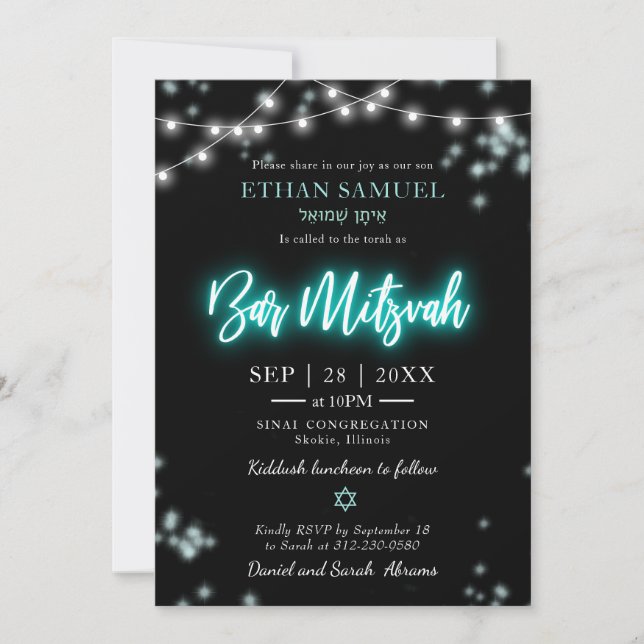 Invitación Bar Mitzvah Tema Neon Turquesa (Anverso)