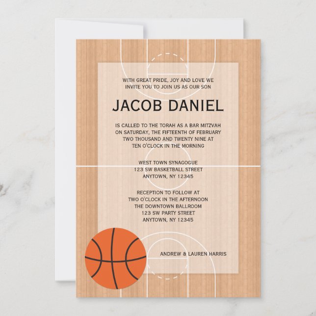 Invitación Bar Mitzvah Temático de Baloncesto (Anverso)