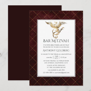 Invitación Bar Mitzvah temático de dragón dorado y burgundy p