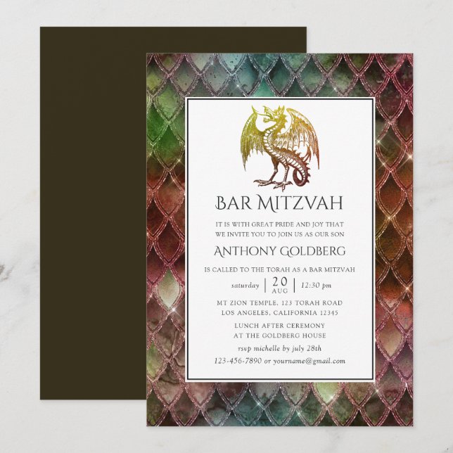 Invitación Bar Mitzvah temático Dragón de Brillo Falso (Anverso / Reverso)