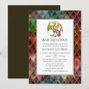 Invitación Bar Mitzvah temático Dragón de Brillo Falso