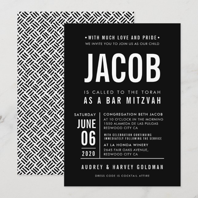 Invitación BAR MITZVAH tipo bloque de negrita moderno tipo bl (Anverso / Reverso)