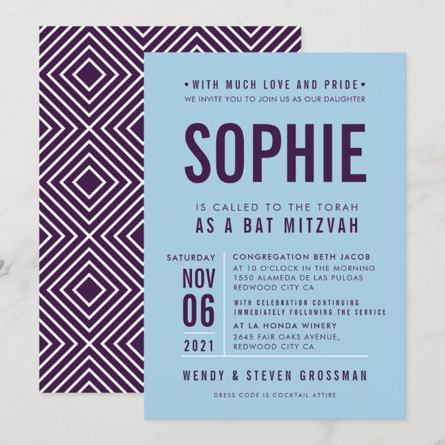 Invitación BAR MITZVAH tipo bloque moderno berenjena azul (Anverso / Reverso)