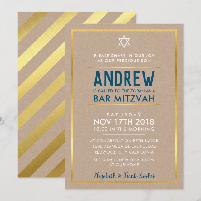 Invitación BAR MITZVAH tipo negrita inteligente kraft azul (Anverso / Reverso)