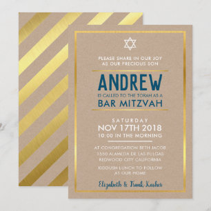 Invitación BAR MITZVAH tipo negrita inteligente kraft azul