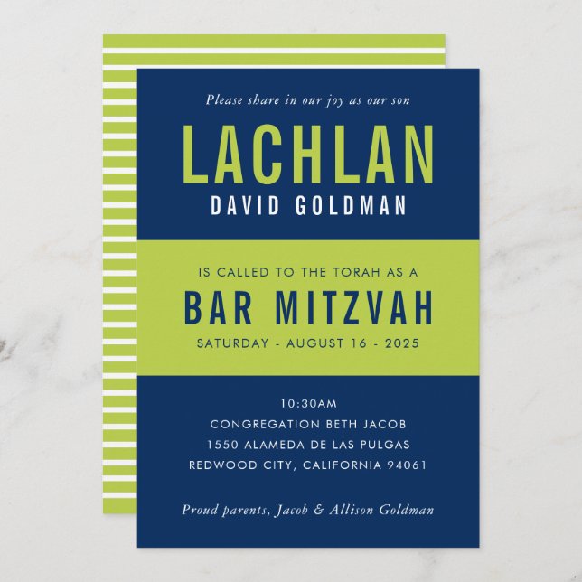 Invitación BAR MITZVAH tipografía mínima moderna lima azul (Anverso / Reverso)