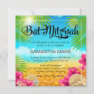 Invitación Bar Mitzvah Tropical de Playa Hibisco Rosa