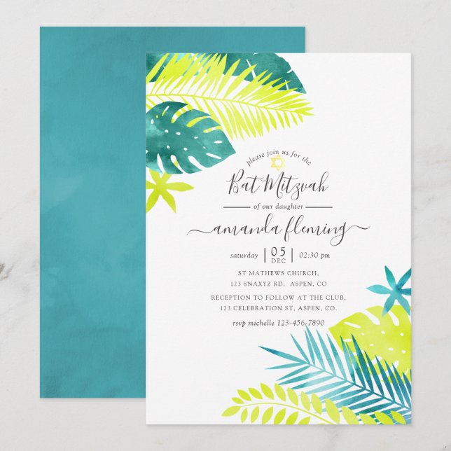 Invitación Bar Mitzvah tropical turquesa y limón (Anverso / Reverso)