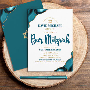 Invitación Bar Mitzvah Turquesa Ágata Escritura Nombre Hebreo