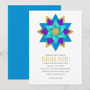 Invitación Bar Mitzvah Turquesa Azul Púrpura Aqua Estrella Fl