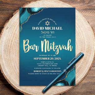 Invitación Bar Mitzvah Turquesa Ombre Ágata Dorado Script Neg