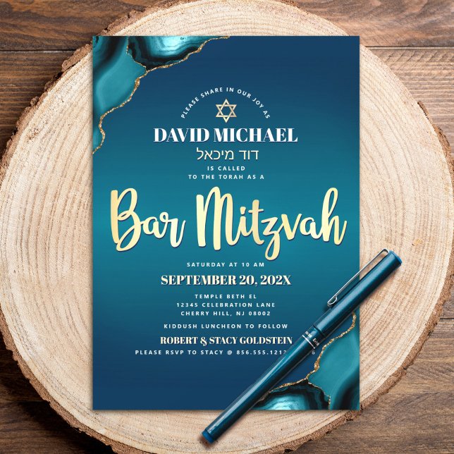 Invitación Bar Mitzvah Turquesa Ombre Ágata Dorado Script Neg (Subido por el creador)