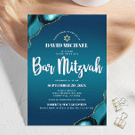 Invitación Bar Mitzvah Turquoise Ombre Agate Script Moderno<br><div class="desc">¡Siéntete orgulloso, regocijo y exhibe este hito de tu Bar Mitzvah favorito! Envíe esta invitación fresca, única, moderna y personalizada para un evento que recordar. Tipografía de escritura blanca y una falsa estrella dorada de David superponen un fondo oscuro azul turquesa profundo con agate azul turquesa acentuado con falsas venas...</div>