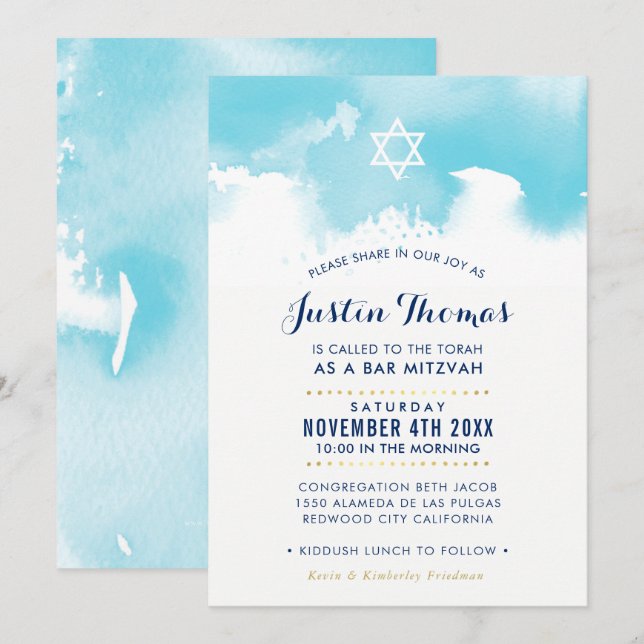 Invitación BAR MITZVAH una acuarela moderna azul invitan (Anverso / Reverso)
