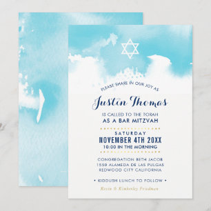 Invitación BAR MITZVAH una acuarela moderna azul invitan