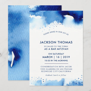 Invitación BAR MITZVAH una sencilla y elegante acuarela azul