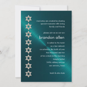 Invitación Bar Mitzvah Verde azulado Sheen Silver Stars de Da