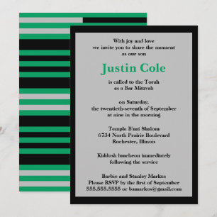 Invitación Bar Mitzvah Verde Trébol con Rayas Plateadas sobre
