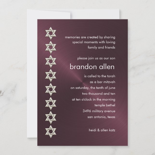 Invitación Bar Mitzvah Wine Sheen Silver Stars de David (Anverso)