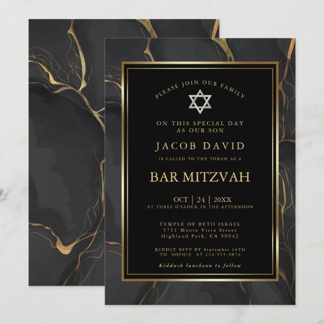 Invitación Bar moderno de mármol de oro negro Mitzvah (Anverso / Reverso)