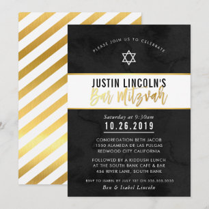 Invitación BAR MODERNO MITZVAH color agua negro guión oro