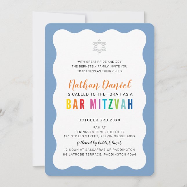 Invitación BAR MODERNO MITZVAH colores arcoiris borde ondulad (Anverso)
