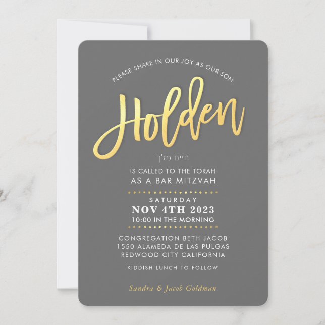 Invitación Bar moderno Mitzvah gris faux gold HOLDEN (Anverso)
