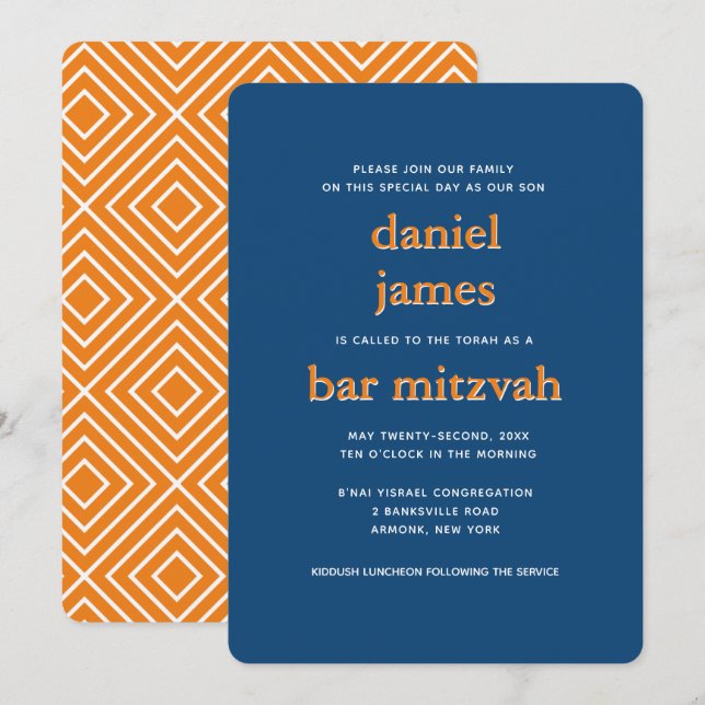 Invitación Bar moderno Mitzvah Typography Blue Naranja (Anverso / Reverso)
