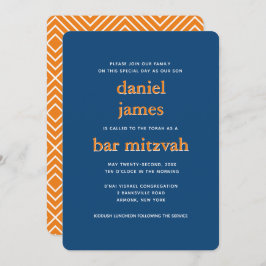 Invitación Bar moderno Mitzvah Typography Blue Naranja