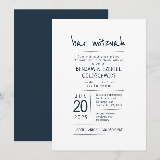 Invitación Bar moderno y Minimalista Mitzvah (Anverso / Reverso)