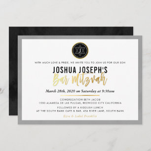 Invitación BAR MONOGRAM ESTILO MITZVAH guión oro negro