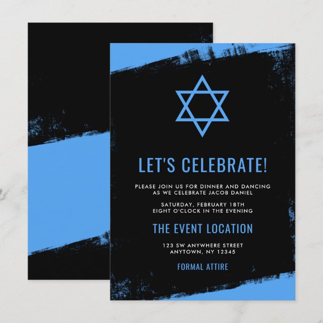 Invitación Bar negro gris recepción Mitzvah (Anverso / Reverso)