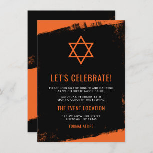 Invitación Bar negro grunge Naranja recepción Mitzvah