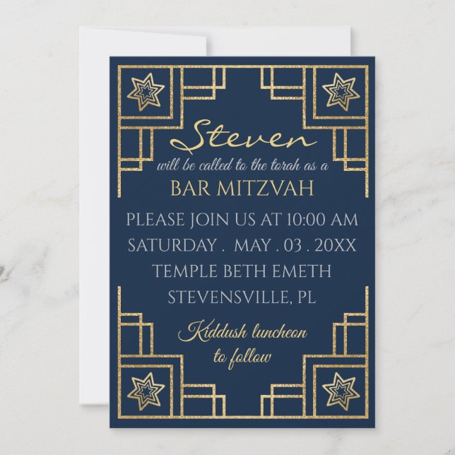 Invitación Bar o Bat Mitzvah Blue n Gold Art Deco (Anverso)