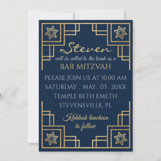 Invitación Bar o Bat Mitzvah Blue n Gold Art Deco