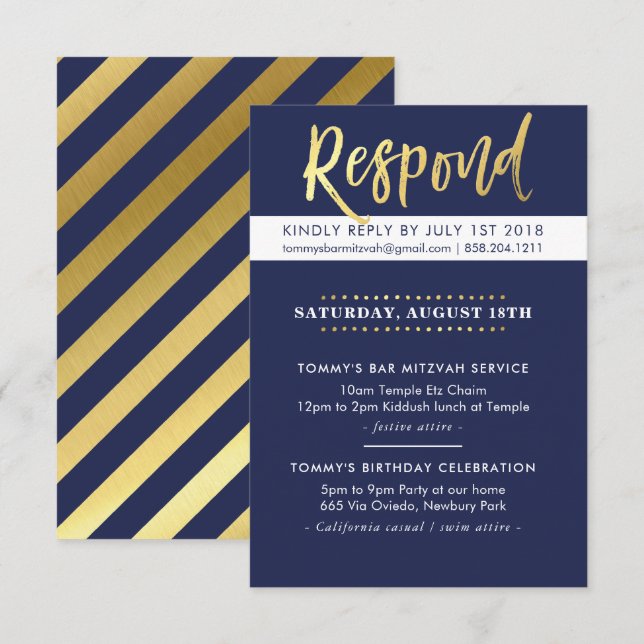 Invitación Bar personalizado Mitzvah fiesta Tommy marina + or (Anverso / Reverso)