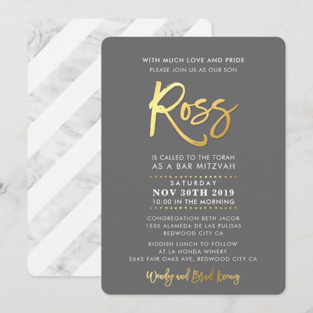 Invitación Bar personalizado Mitzvah gris moderno + guión de  (Anverso / Reverso)
