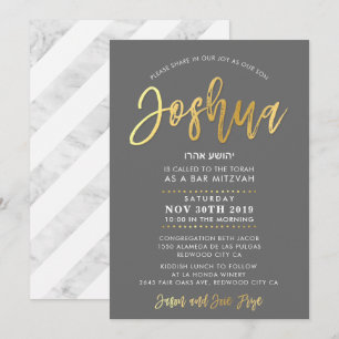 Invitación Bar personalizado Mitzvah Invito a Joshua gris + o